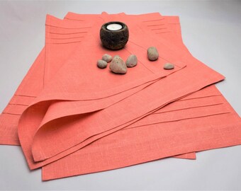 Coral linen placemats cloth napkins set of 6 large placemats MdSt-2p