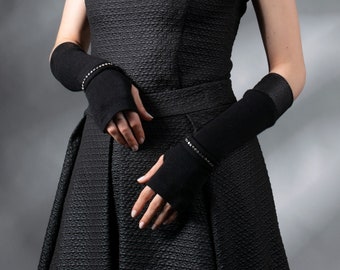 Schwarze Wolle fingerlose Handschuhe Armbänder mit Strasssteinen Elegantes Frauenset für jeden Anlass, ARW30-WLCr