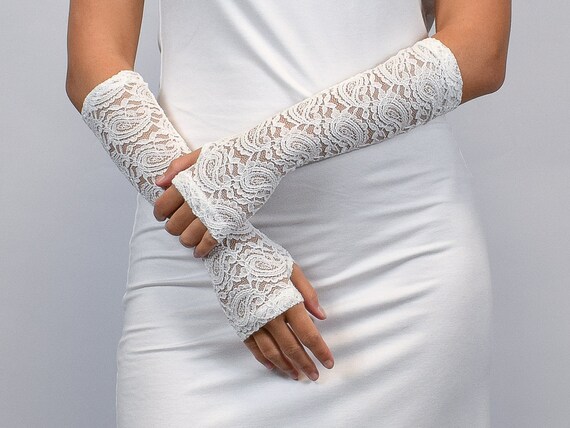 Guantes de encaje marfil boda guantes sin dedos Etsy México