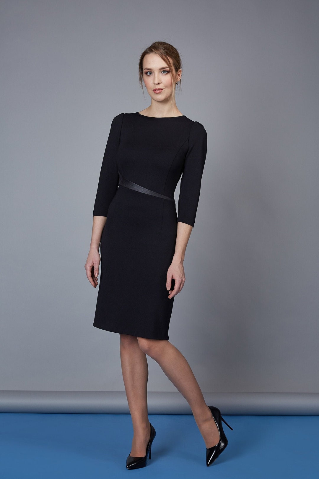 Black Pencil Dress: Elegant Viscose Jersey Office Dress With Faux