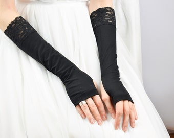 Mitaines noires en dentelle, gants longs en jersey de viscose, chauffe-poignets, gothique steampunk