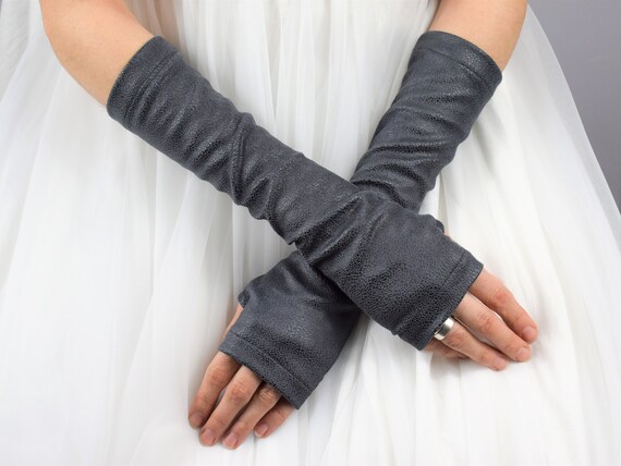Gray Leather Fingerless Gloves Faux Leather Arm Warmers Unisex