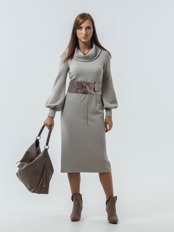 Beige Midi Dress Casual Long Sleeve 