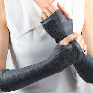 Gray faux leather fingerless gloves, black leather arm warmers, unisex mittens, Khaki brown, ARW-30