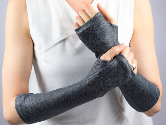 long gray leather gloves
