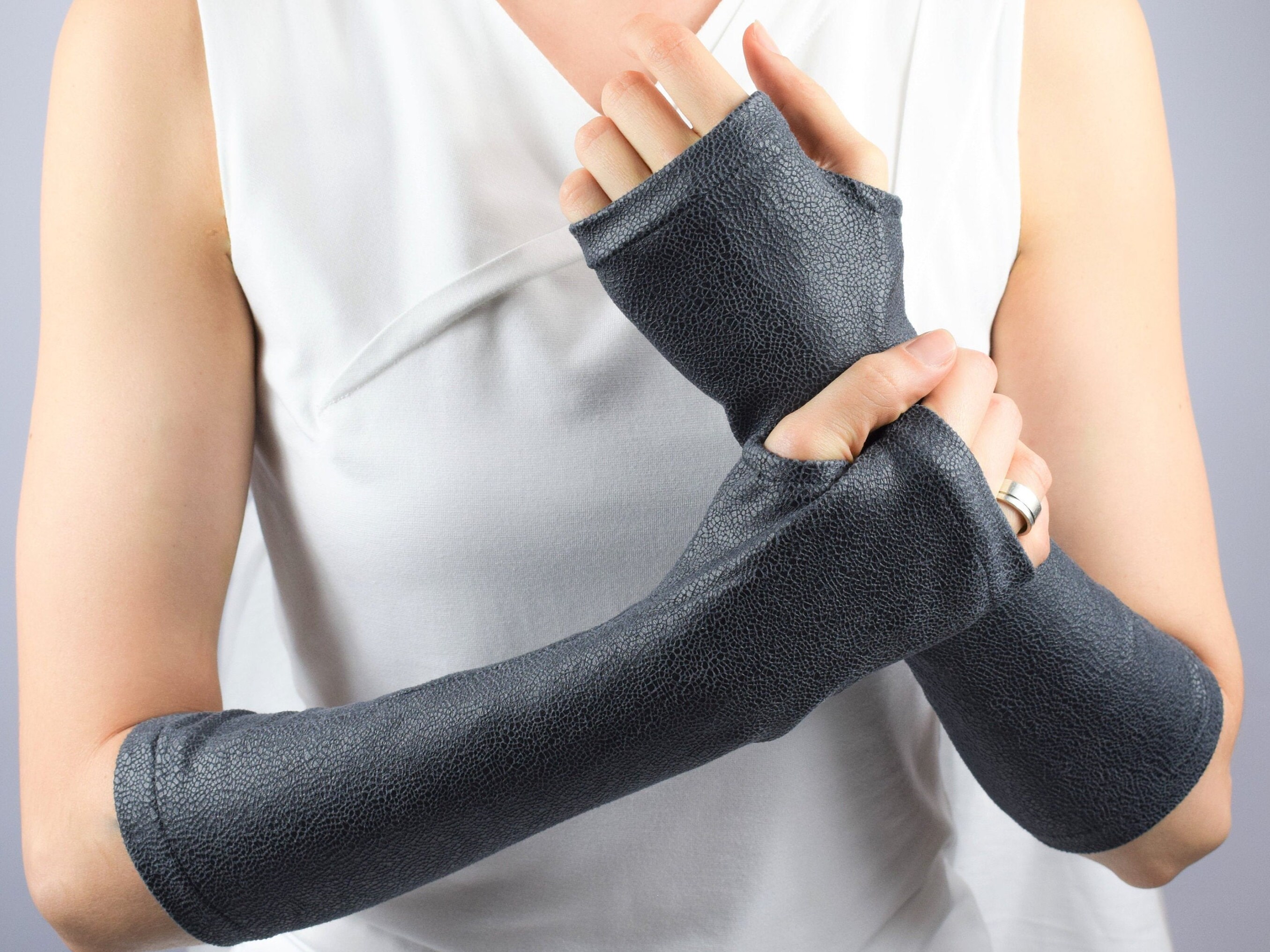 Grey faux leather gloves long arm warmers women's Etsy