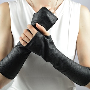 Black leather fingerless gloves, faux leather arm warmers, cosplay accessories, Khaki brown, ARW-30