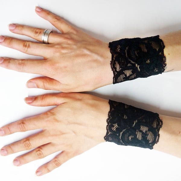 Black lace bracelets, goth cuff, Victorian stretchy bracers, LC-1