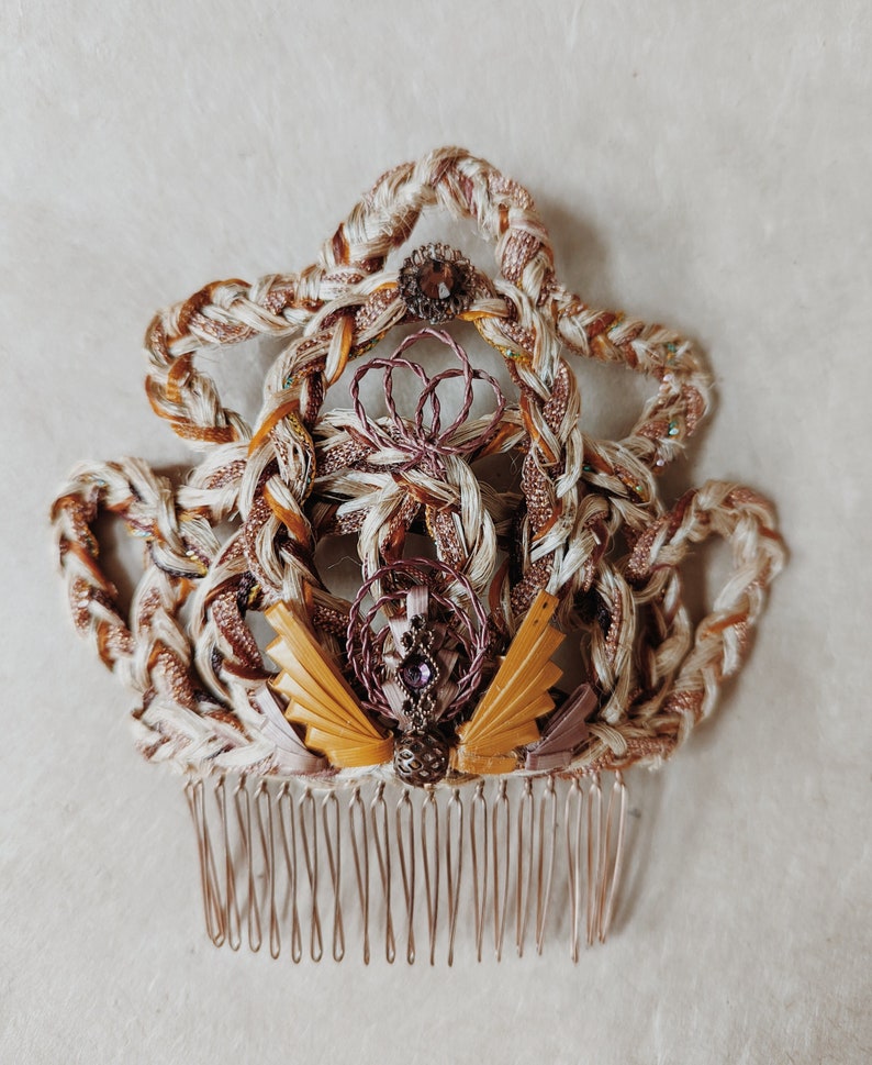 Raffia braided hair comb with ornaments image 1
