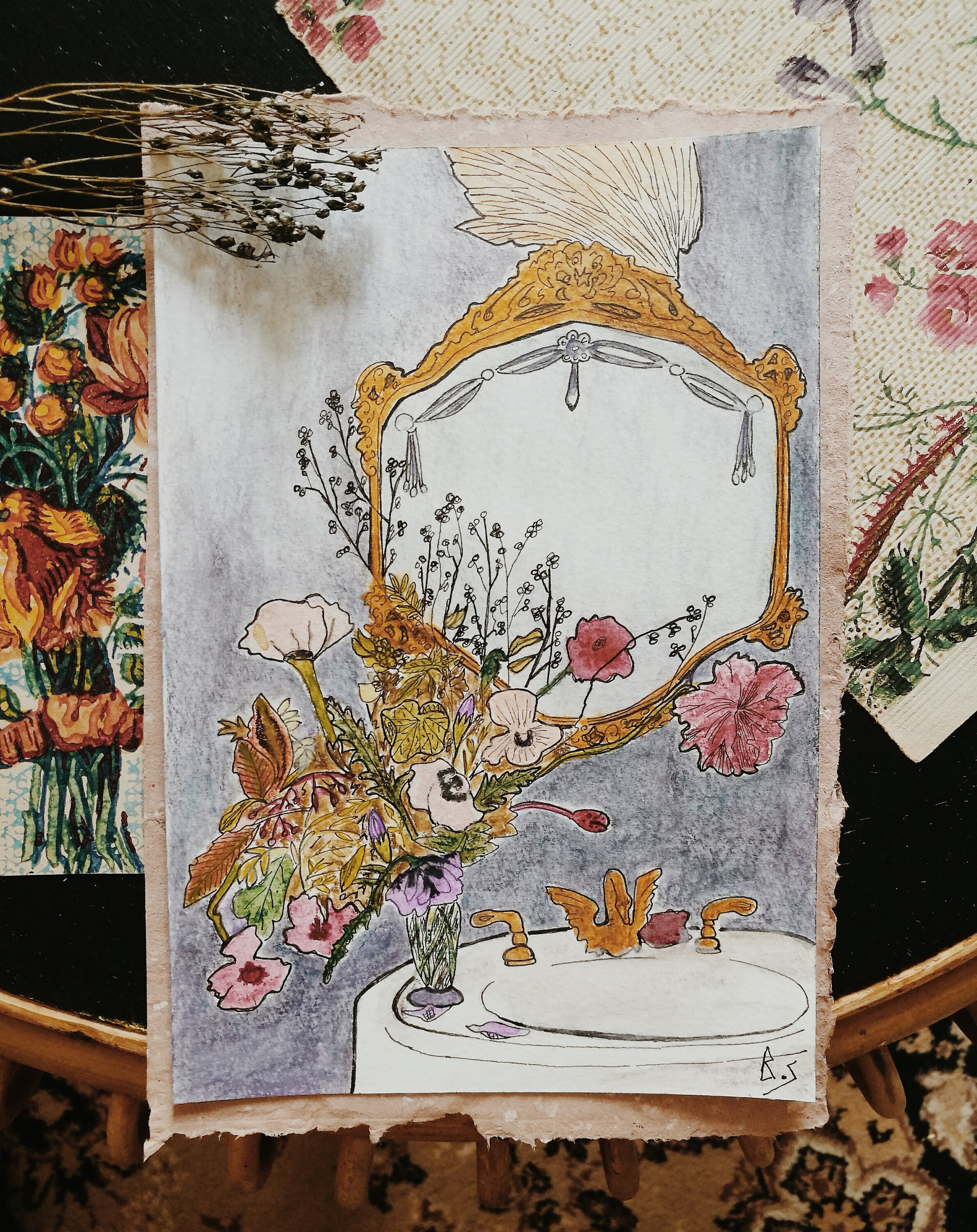Aquarelle Originale Signée Par L'artiste, Fine Art Toilette Aux Fleurs