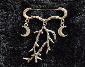 gothic brooch with Moon and branches silver wicca nature cosmos witch