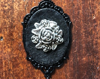 Victorian gothic cameo necklace pendant in black with silver rose, baroque