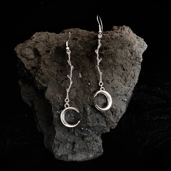 gothic Wicca moon earrings, hanger from 925er silver, with branches,  pagan Nature Cosmos occult