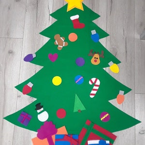 Felt Christmas Tree Sewn and Hand Cut NO GLUE Perfect for Toddlers and Preschoolers, kids christmas tree with ornaments,felt xmas tree image 1