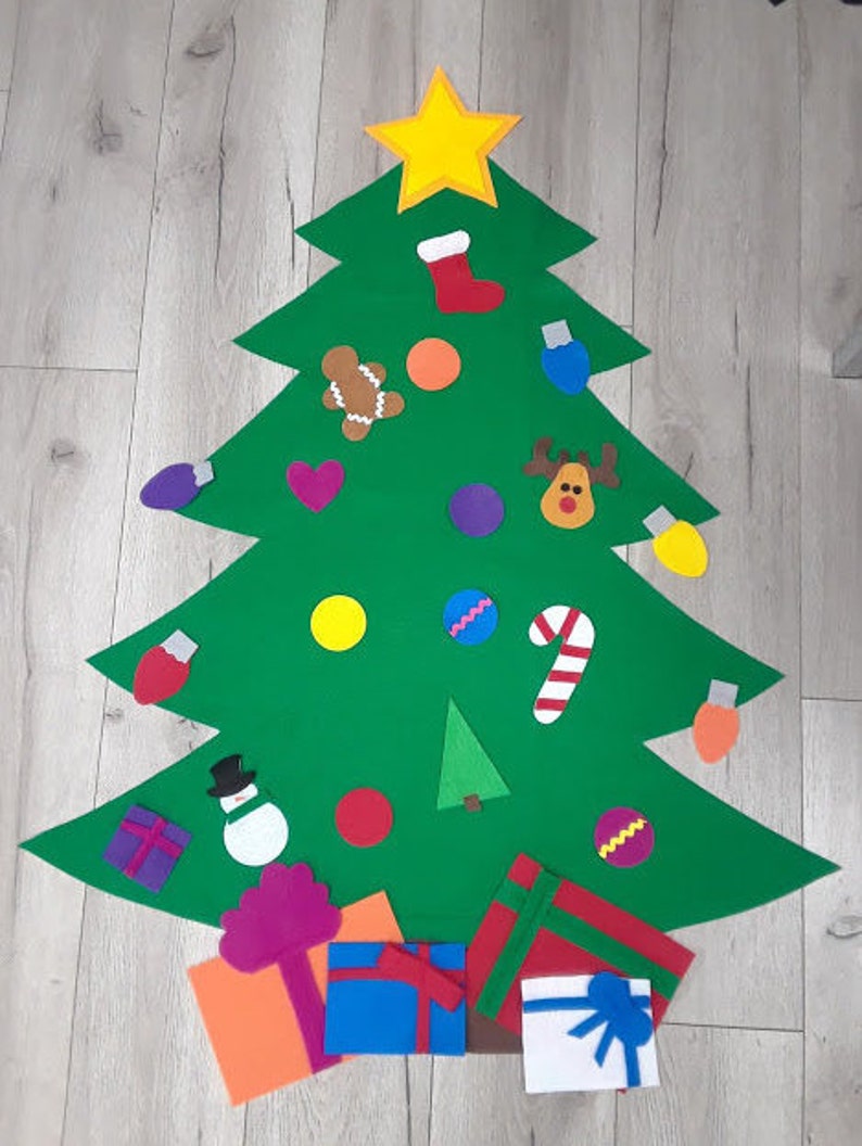 Felt Christmas Tree Sewn and Hand Cut NO GLUE Perfect for Toddlers and Preschoolers, kids christmas tree with ornaments,felt xmas tree image 1