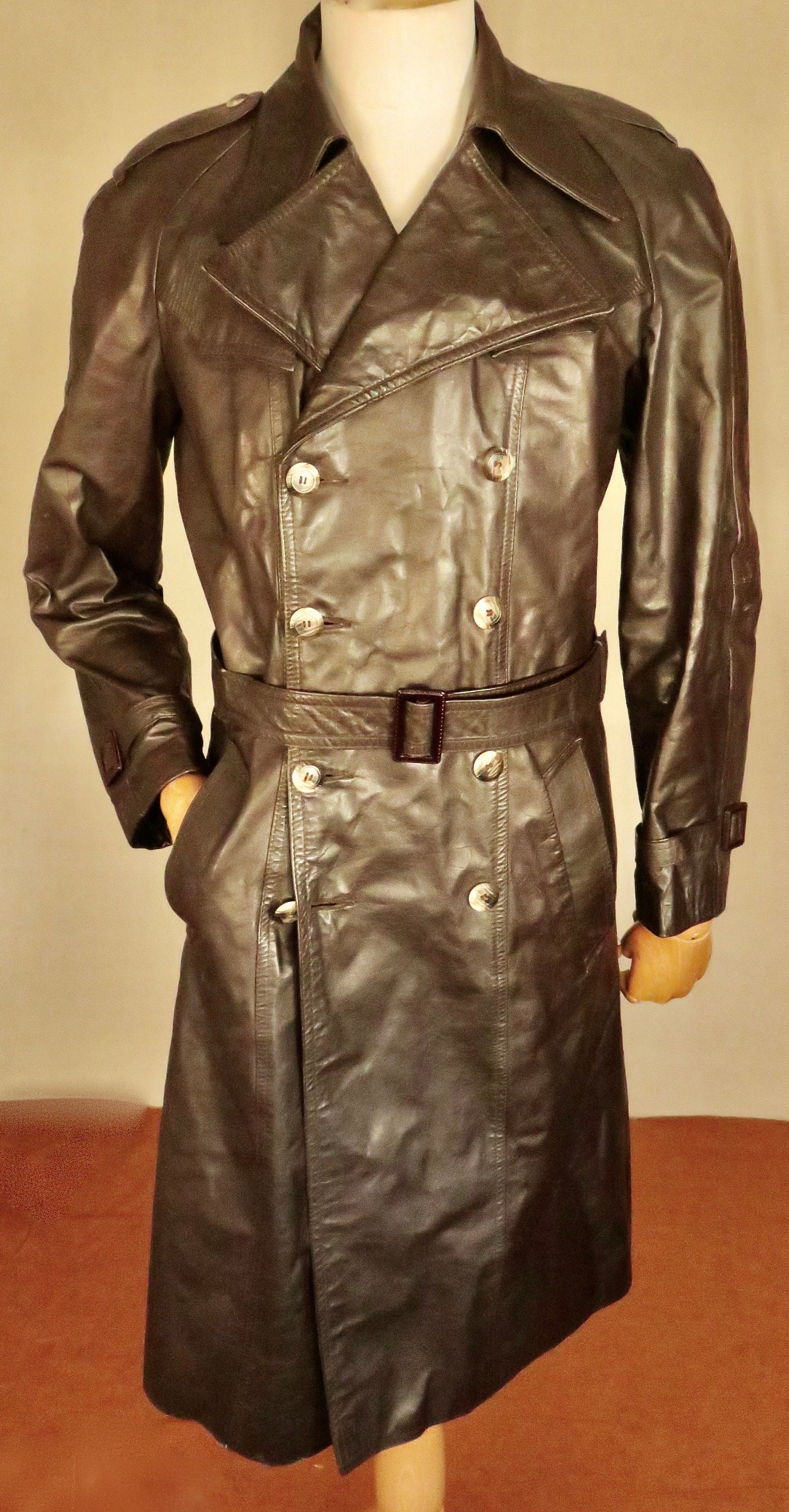 Take 6 Early 70's Full Length Leather Lightweight Trench Coat With