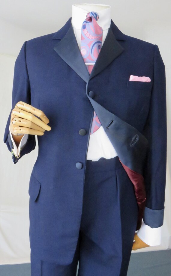 60's Tailored Dress Suit Converted from 1 to 3 Button. Excellent Styling and Quality. in A Navy Wool Mohair Mix with Satin TRIM. 42" Chest