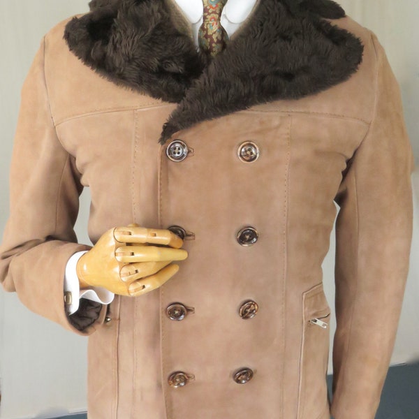 Shorty compact 8 button DB light weight Suede coat with manmade fur collar and lining. 36"