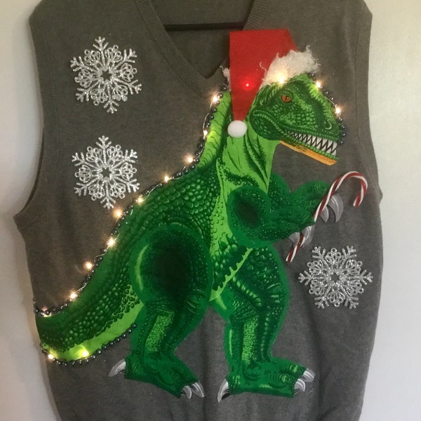 Ugly Christmas Sweater Party, Dinosaur Tyrarannasaurus Rex Vest With Lights! Men Large