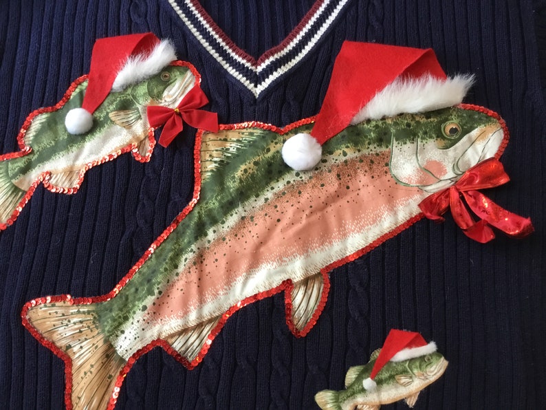Fishing Men 3X 3XLT Ugly Christmas Sweater Party Fish Wearing Santa Hats