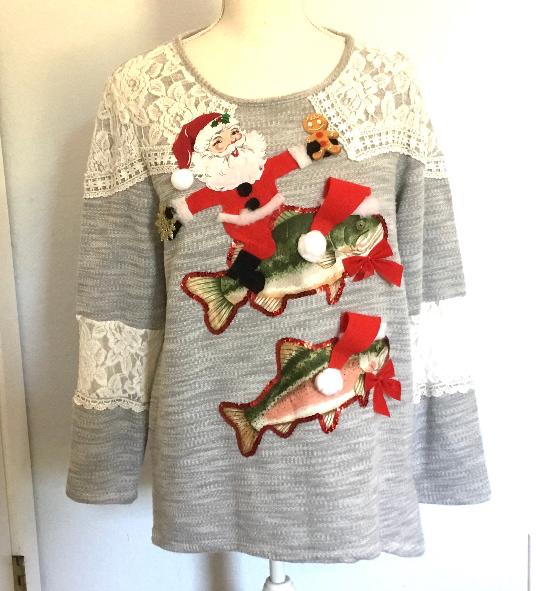 Ugly Christmas Sweater Santa Riding Salmon Fishing xmas - Santa