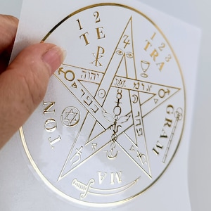 May include: A gold pentagram sticker with the words "TETRAGRAMMATON" and "1 2 3 4" around the perimeter. The pentagram has Hebrew text and symbols inside.