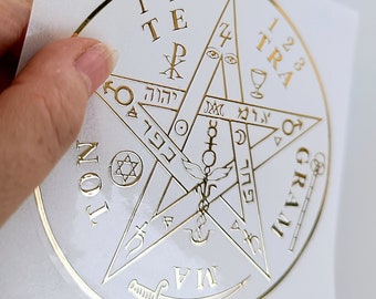 NEW BIG Tetragrammaton transparent gold relief adhesive labels sacred geometry platonic solids magic esoteric sticker