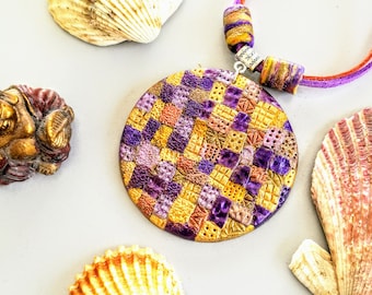 The Kiss of Klimt Mosaic Colored Polymer Clay Squares  Handcraft Elegant Amulet Pendant Necklace