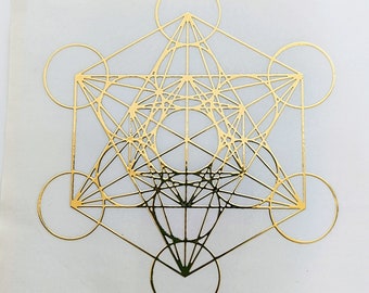 NEW BIG Metatron's Cube transparent gold relief adhesive labels sacred geometry platonic solids magic esoteric sticker