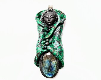 Star Seed Cosmic Brother Big Alien Labradorite Flash Handcrafted Clay Gemstone Amulet Necklace