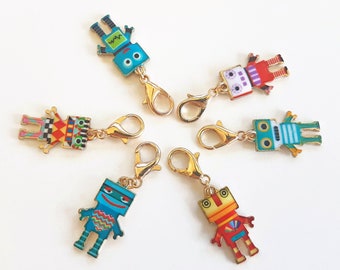 Robo-Rave enamel stitch markers - progress keepers for knitting and crochet - cute clip-on charms for planners, phones and project bags