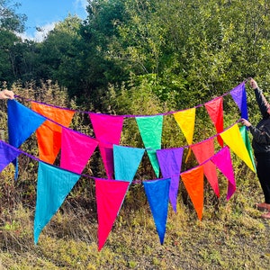 May include: A colourful bunting with triangular flags in shades of blue, green, purple, orange, and red. The bunting is strung between two trees and is hanging down in a festive way.