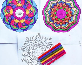 Positive Affirmation Mandalas for Kids (12 pages)  INSTANT DOWNLOAD - Coloring pages, Mindful Coloring