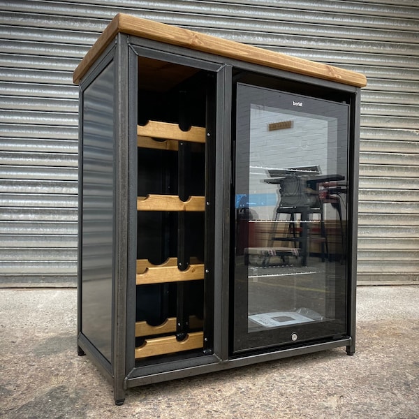 Industrial sideboard home bar with beer cooler fridge and wine rack