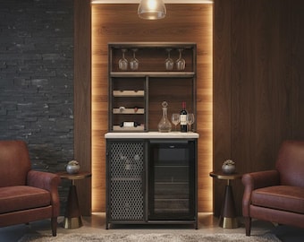 Industrial Style Sideboard with Beer Cooler Fridge - Drinks Cabinet - Wine Rack - Wine Glass holder