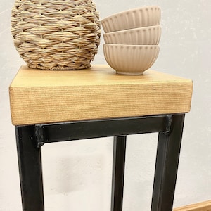 Handmade industrial sidepiece with wood top and black steel frame