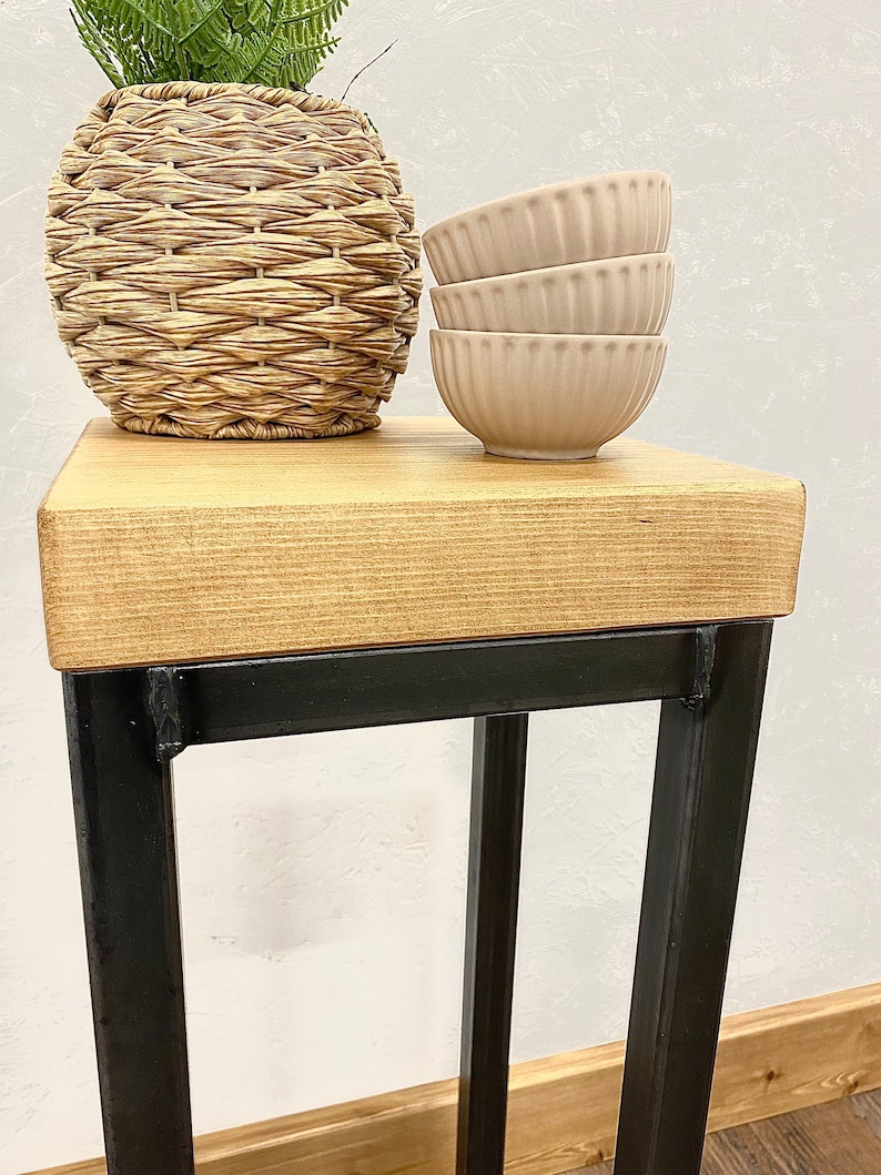 Handmade industrial sidepiece with wood top and black steel frame