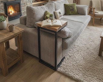 C Shaped Sofa Table - Rustic Wood & Steel Side Table
