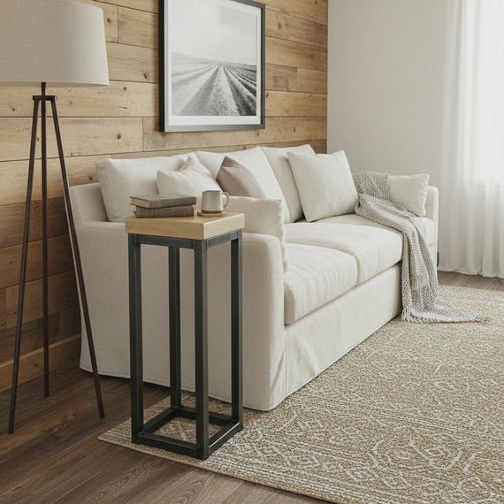 Narrow Side Table – Industrial Metal & Wood Plant Stand | Rustic Slim Accent for Small Spaces