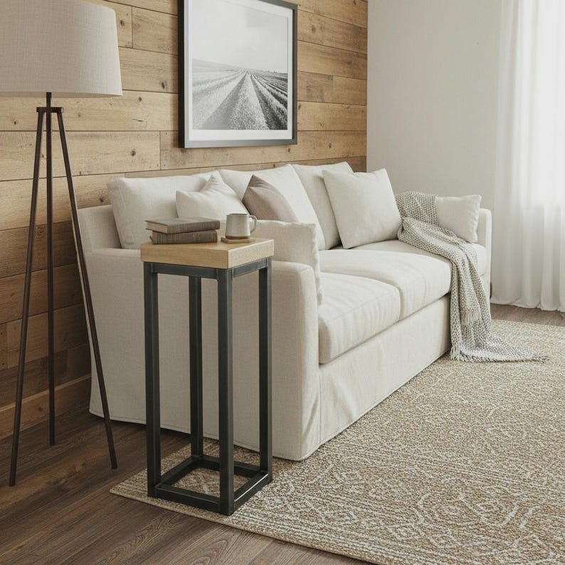 Narrow Side Table – Industrial Metal & Wood Plant Stand | Rustic Slim Accent for Small Spaces