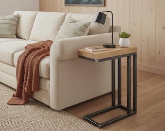 Industrial C-Shaped Sofa Table - Steel and Pine End Table