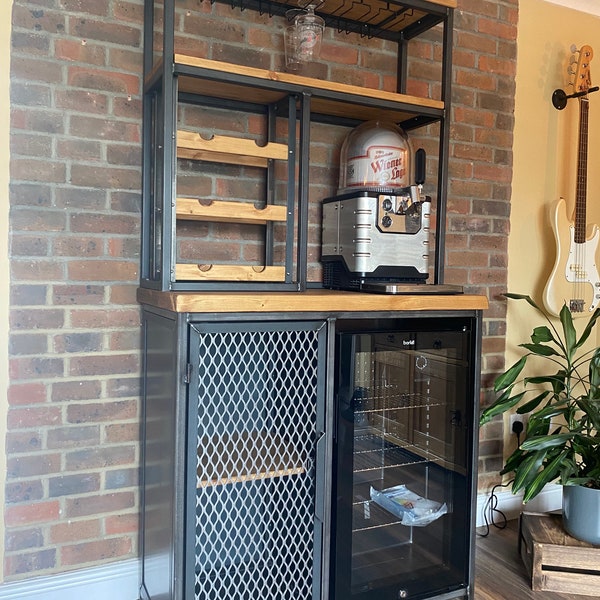 Industrial style sideboard with beer cooler fridge - Drinks cabinet - Wine Rack - Wine glass holder