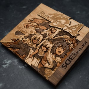 May include: A wooden Nintendo 3DS game case with a laser-engraved image of the characters from the game Rune Factory 4. The case is made of dark wood with a light wood inlay.