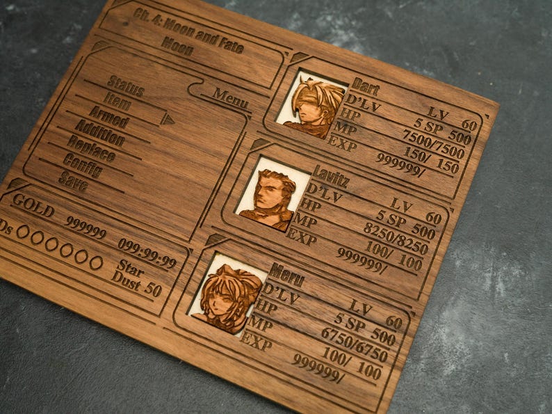 Custom Wooden Legend of Dragoon menu screen with characters you can pick Just the menu