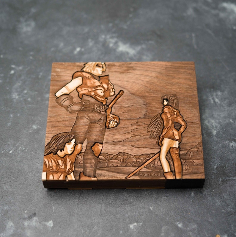May include: A wooden plaque featuring a laser-etched design of three characters from a fantasy video game. The characters are standing in a woodland setting. The plaque is signed "Pigmented".