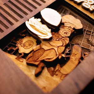 May include: A wooden cutout of a video game cartridge with the text "BurgerTime" on the label. The cutout is detailed with a chef character holding a burger and a background of a kitchen.