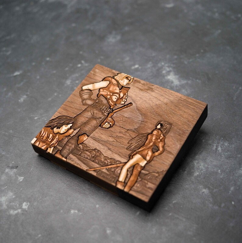 May include: A wooden plaque featuring a laser-engraved image of three characters from a fantasy video game. The characters are shown in a fighting pose, wielding swords and other weapons. The plaque is crafted from dark wood with a natural grain pattern.