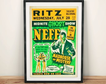 Dr. Neff the Magician's Midnite Ghost Show Madhouse of Mystery Vintage Magic Poster