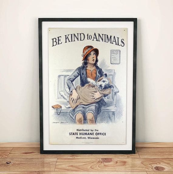 Be Kind to Animals Girl With Dog in Blanket Vintage Animal Rights