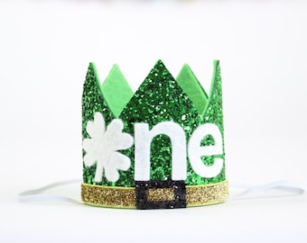 Lucky First Birthday Crown | 1st Birthday Crown St Patrick's Day 1st Birthday Boy Outfit | Green Glitter Crown + Gold Detail + Shamrock ONE